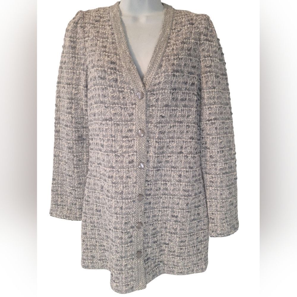 ST JOHN light grey Melang multi V neck button front cardigan P